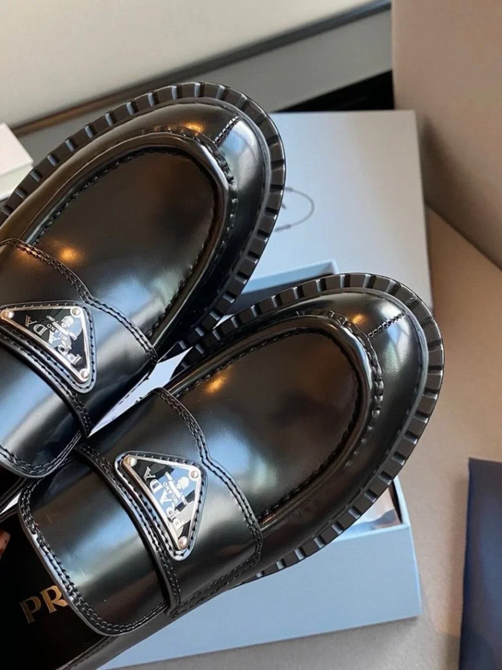 ✨ Prada Black Brushed Leather Triangle Logo Platform Loafers
